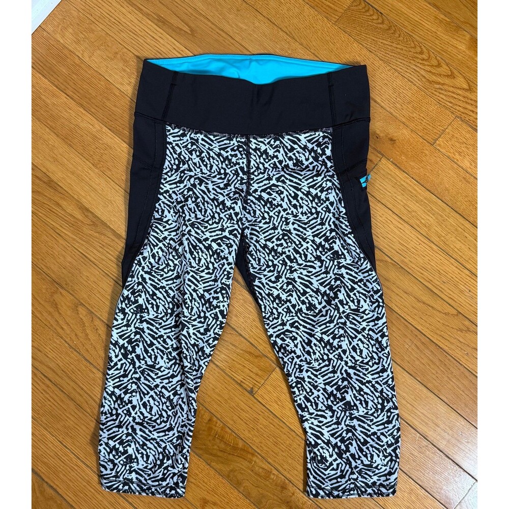 Lululemon Black White‎ Geometric Print Cropped Leggings Teal Accents Size 6